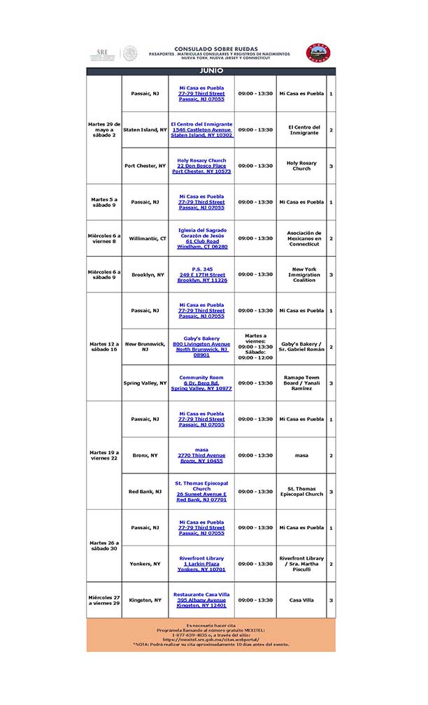 JUNIO 2018 | Fechas y horarios del consulado sobre ruedas en NY, Connecticut y NJ