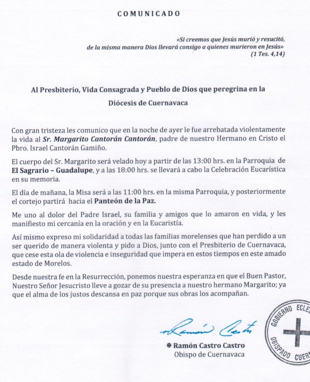 Obispo exige justicia tras asesinato de padre de sacerdote en México