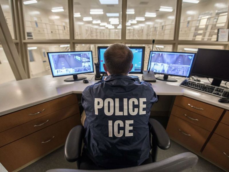 Agente de ICE frente a pantallas con datos