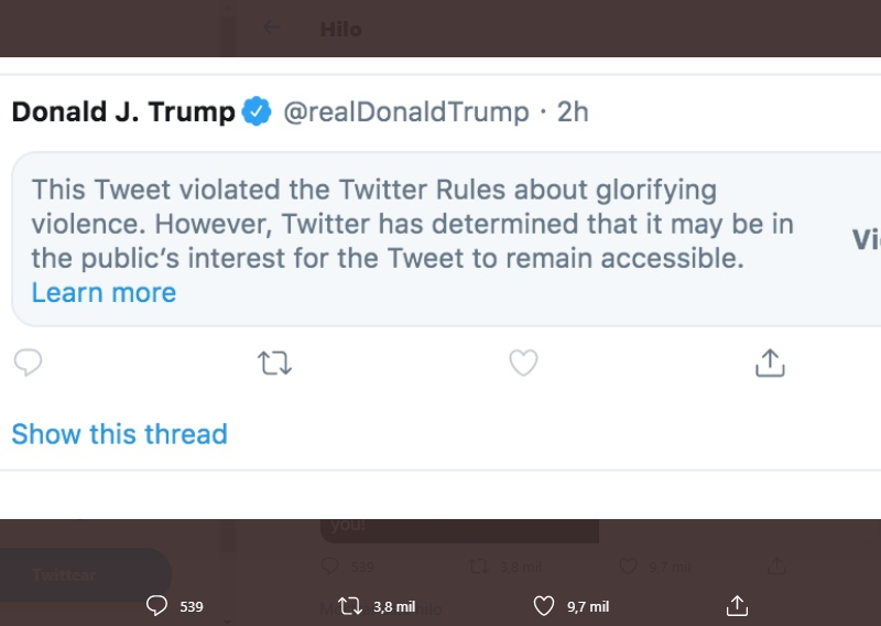 Twitter oculta tuit de Donald Trump sobre Mineápolis por glorificar la violencia