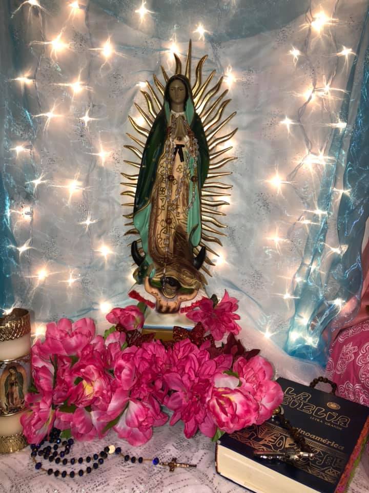 Morenita del Tepeyac con luces de fondo y flores rosas