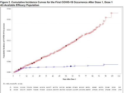 La curva de casos positivos en el estudio de Pfizer: entre los 7 y 14 días, los participantes que recibieron la fórmula (en azul) casi dejaron de aumentar, mientras que los del placebo (en rojo) continuaron en crecimiento lineal