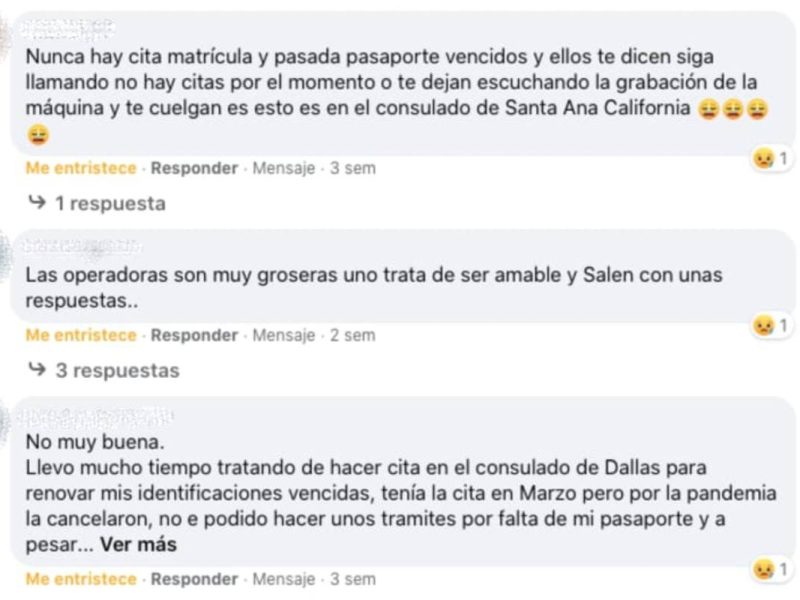 Quejas de algunos usuarios de los consulados de México en USA a través de nuestras redes sociales.