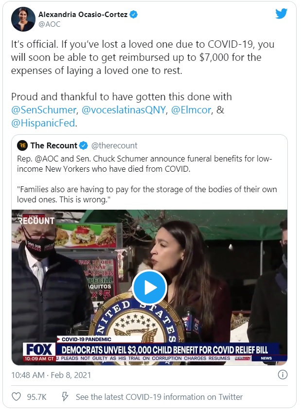 Alexandria Ocasio-Cortez apoyos para las personas que hayan perdido a un familiar por Covid-19