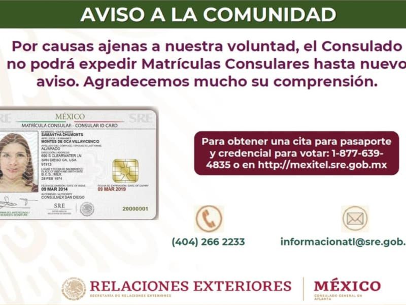 El Consulado de México en Atlanta explicó que los materiales necesarios para hacer la matrícula consular se envían desde la CDMX