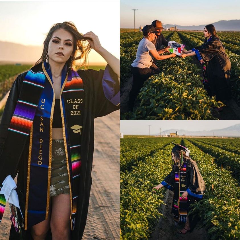 Jennifer Rocha y sus papás migrantes en el campo.