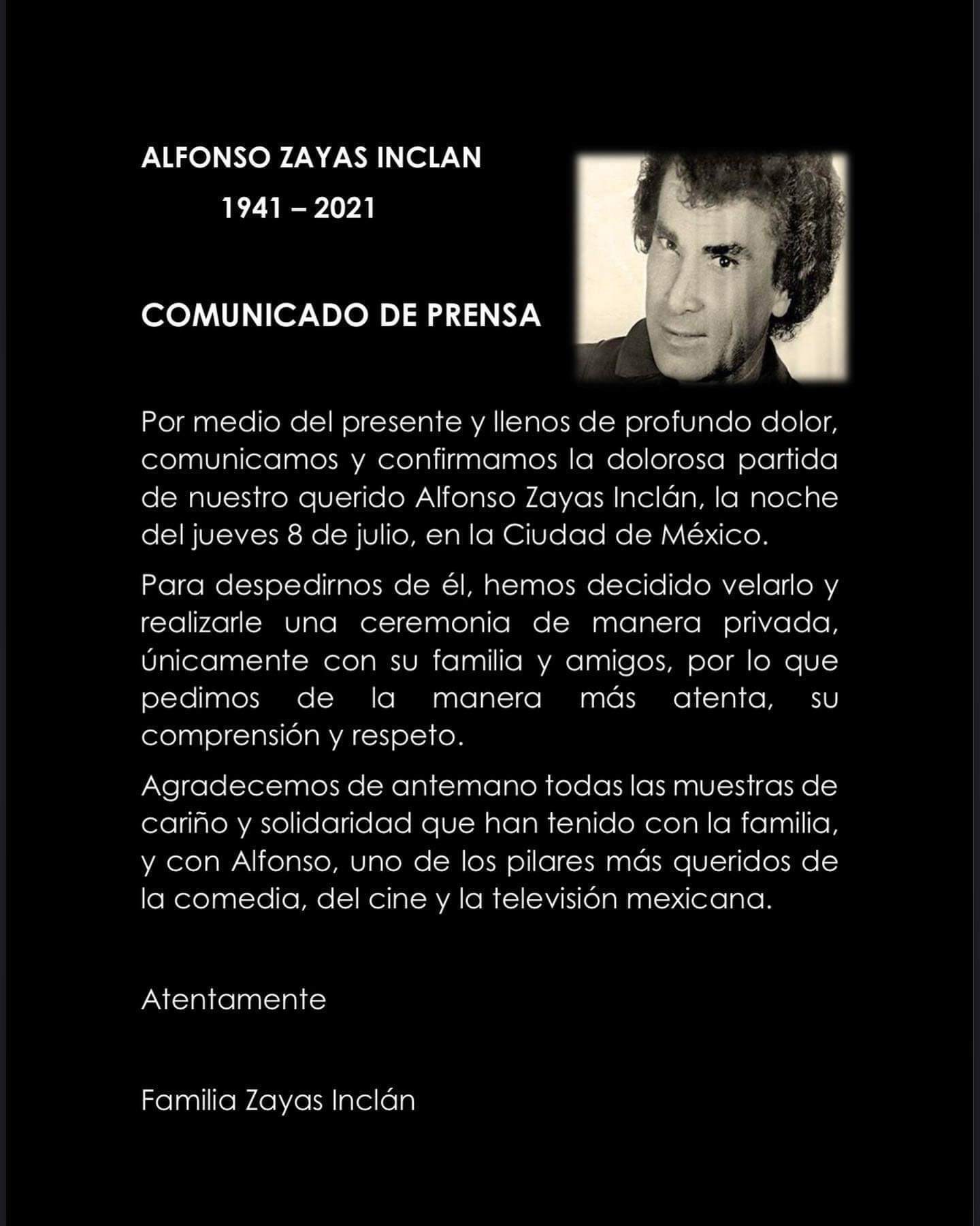 Comunicado de la familia de Alfonso Zayas.