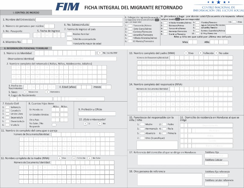Ejemplo de la Ficha Integral del Migrante Retornado ofrecida por gobierno hondureño.