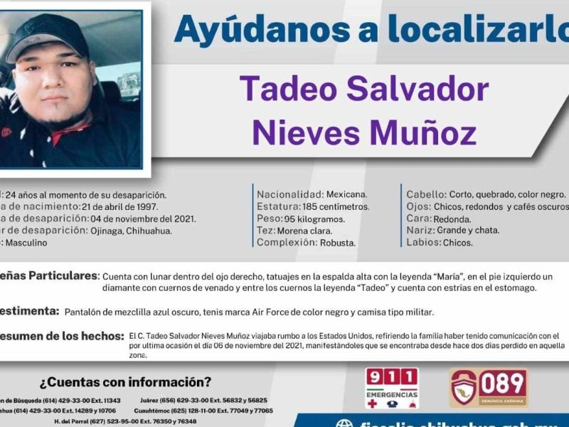 Ficha de búsqueda de Tadeo Nieves de la Fiscalía de Chihuahua.