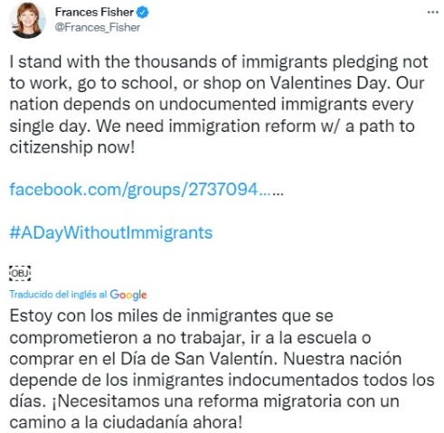 Tuit de la actriz Frances Fisher. 