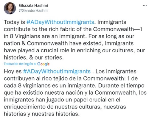 Tuit de la senadora Ghazala Hashmi.