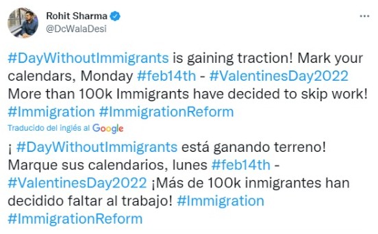 Tuit del periodista Rohit Sharma a favor de Un Día Sin Inmigrantes.