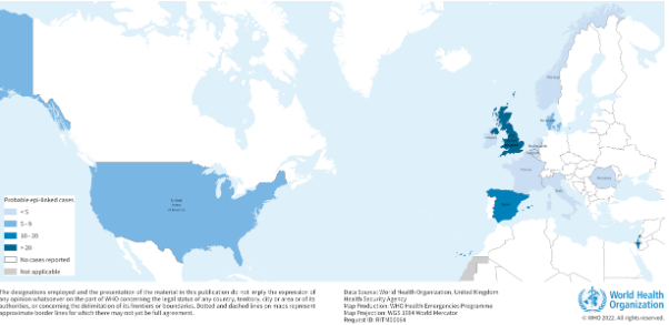 Distribución geográfica de los casos de hepatitis de origen desconocida, a 23 de abril de 2022. 
