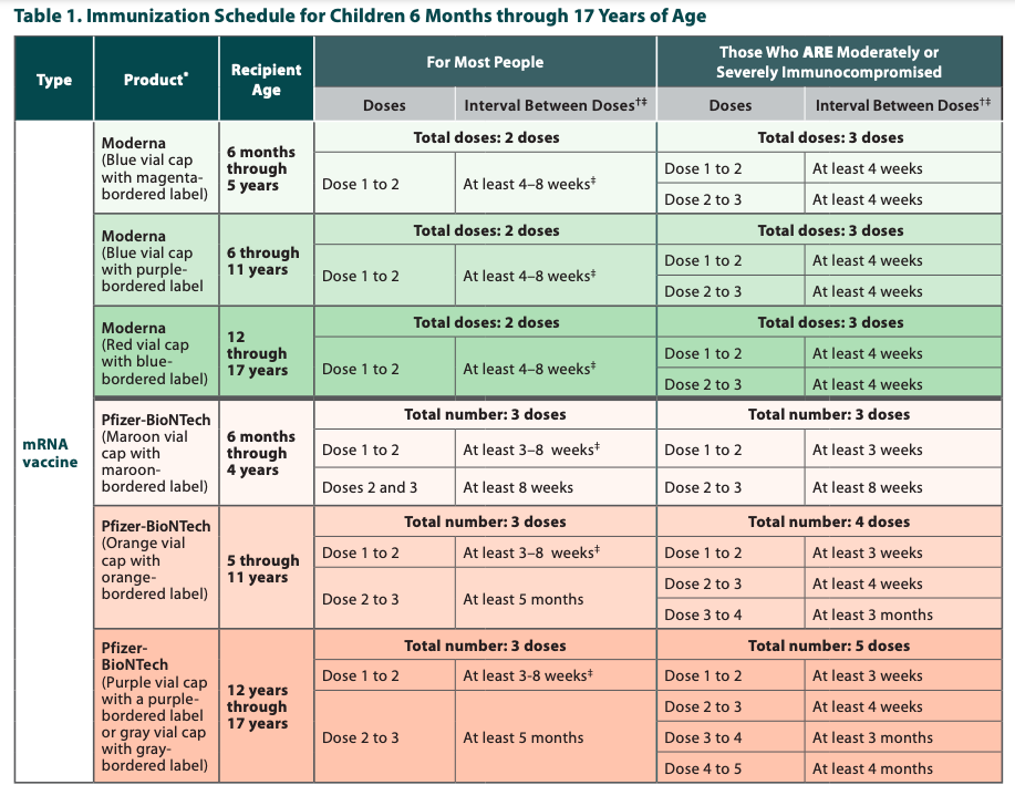 Calendario de vacunación contra COVID-19: 6 meses a 17 años.