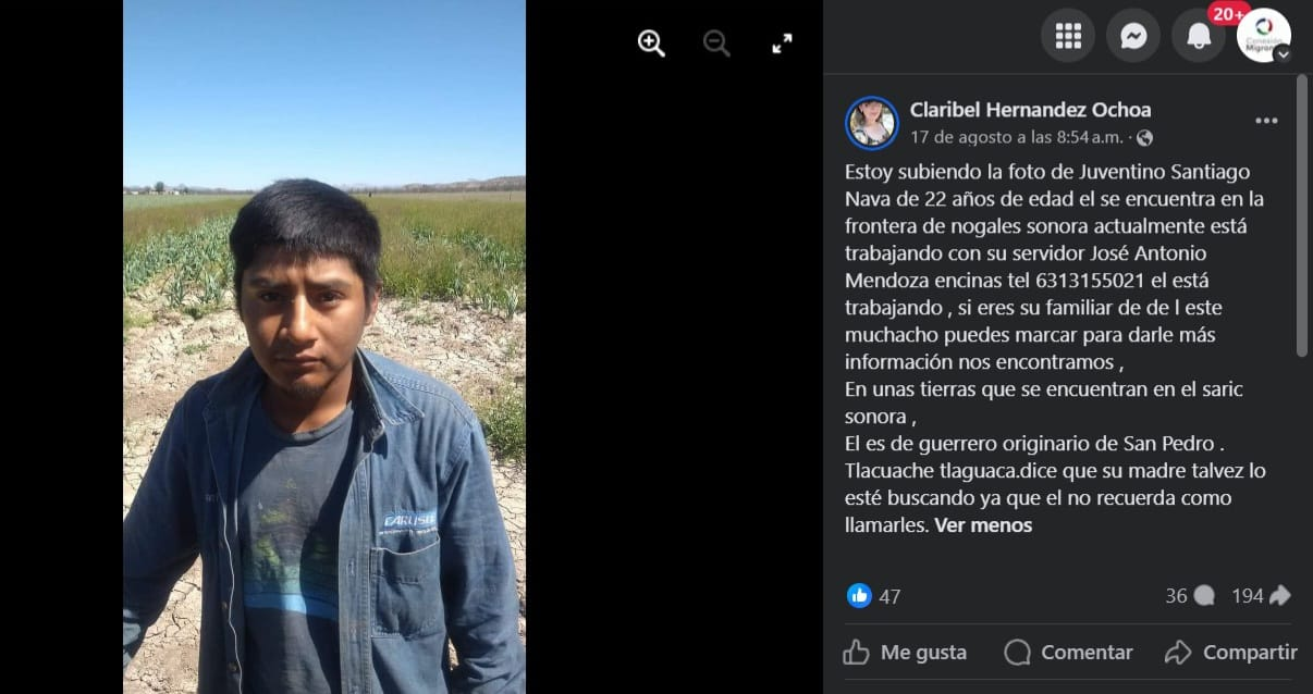 Juventino Santiago Nava es originario de San Pedro, Guerrero y no recuerda como contactar a su familia. 