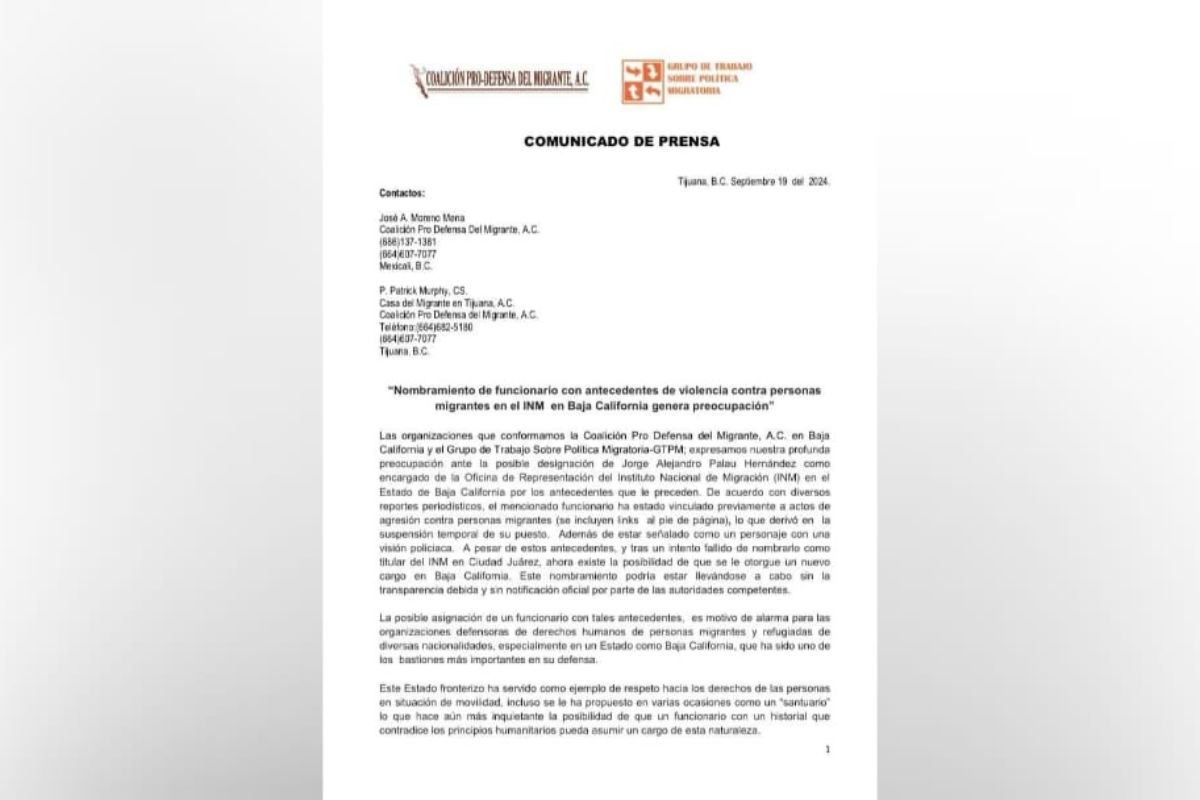 La Coalición acusa al INM en Baja California de llevar un nombramiento sin transparencia ni la notificación oficial por parte de las autoridades competentes.