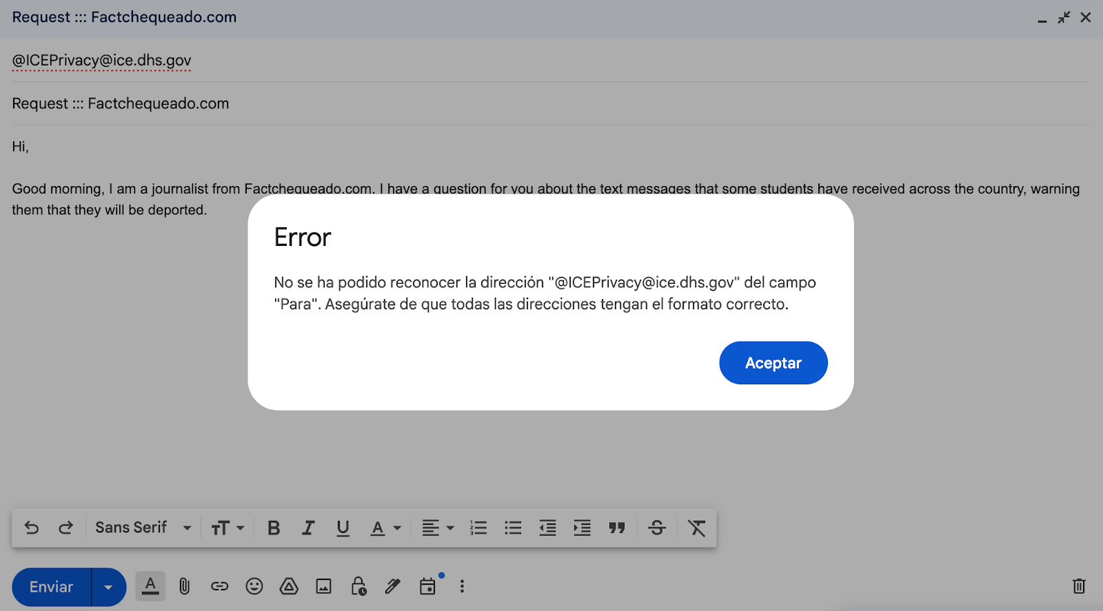 Captura de pantalla del error que arroja Gmail al intentar enviar un correo a la dirección electrónica que señala en los SMS reportados por estudiantes advirtiendo de una supuesta deportación.