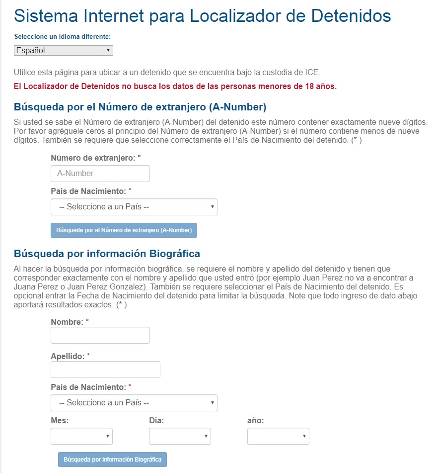Cómo buscar personas detenidas por inmigración? Primero tendrás que escribir el nombre sin acentos y separar los apellidos por un guion. Por ejemplo, en lugar de escribir Hernández Pérez deberás escribir Hernandez-Perez.