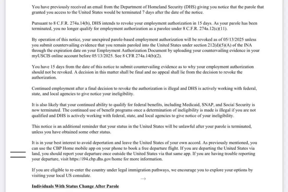Mediante un correo electrónico, USCIS notificó la intención de la revocación del permiso de trabajo I 765 a solicitantes de asilo por CBP One.