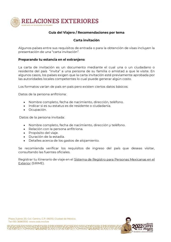 carta de invitación para viajar a México