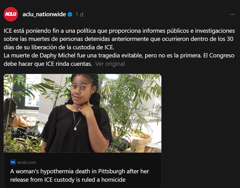 murió congelada tras ser liberada por ICE