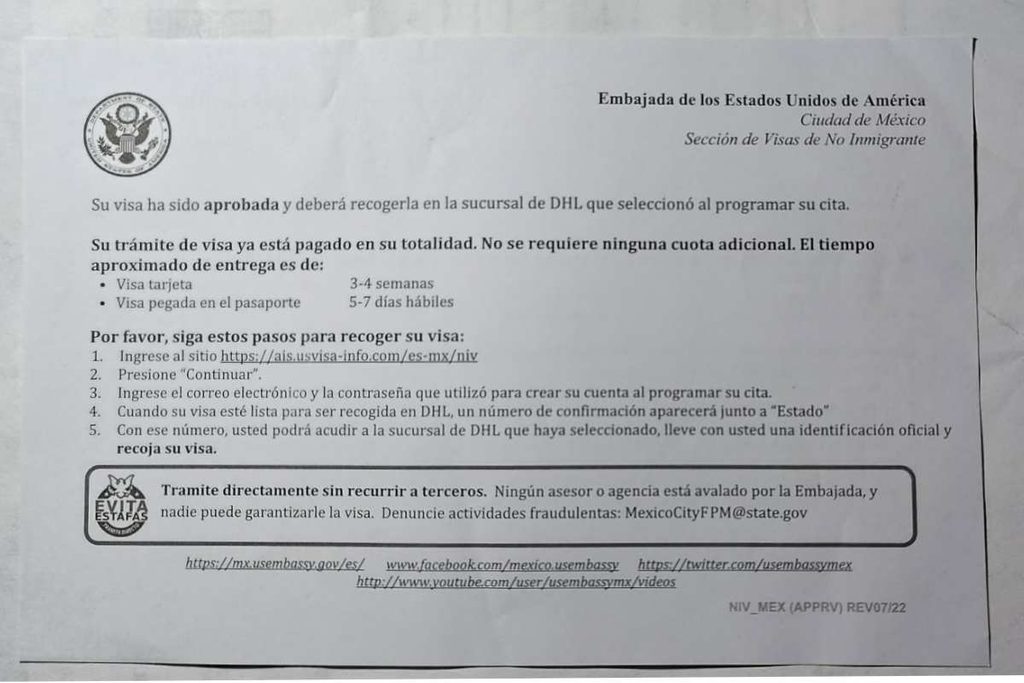 recoger la visa americana